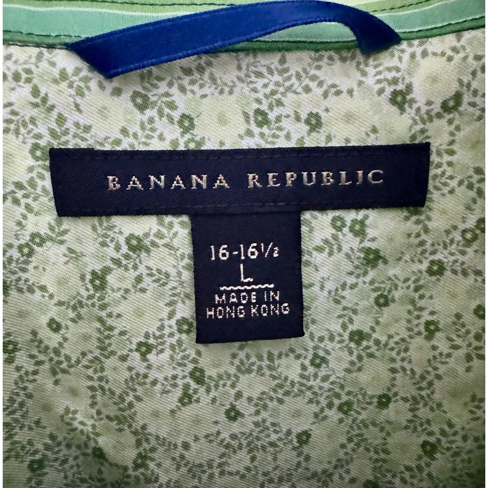 BANANA REPUBLIC MEN‎ DRESS SHIRT L 16-161/2 GREEN NAVY STRIPES FRENCH CUFF (B4)
